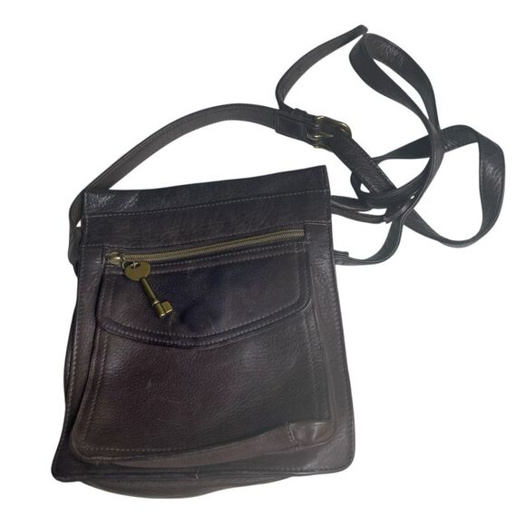 FOSSIL Brown Leather Crossbody Shoulder Bag 75082 Pebbled Key Adjustable Strap - Picture 7 of 9